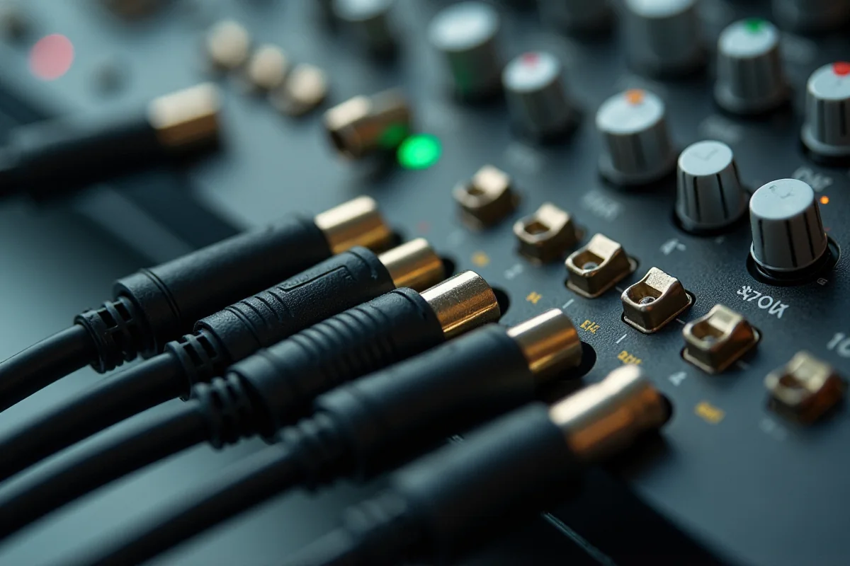 Zbliżenie na patchbay z wpiętymi przewodami